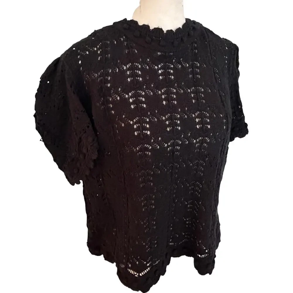 Anthropologie Black Crochet Short Sleeve Scalloped Sweater Women Size XL Petite